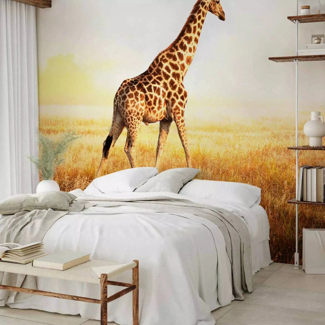 Fototapetes - Pastaiga ar žirafi pa savannu pļavā rītausmā G-ART