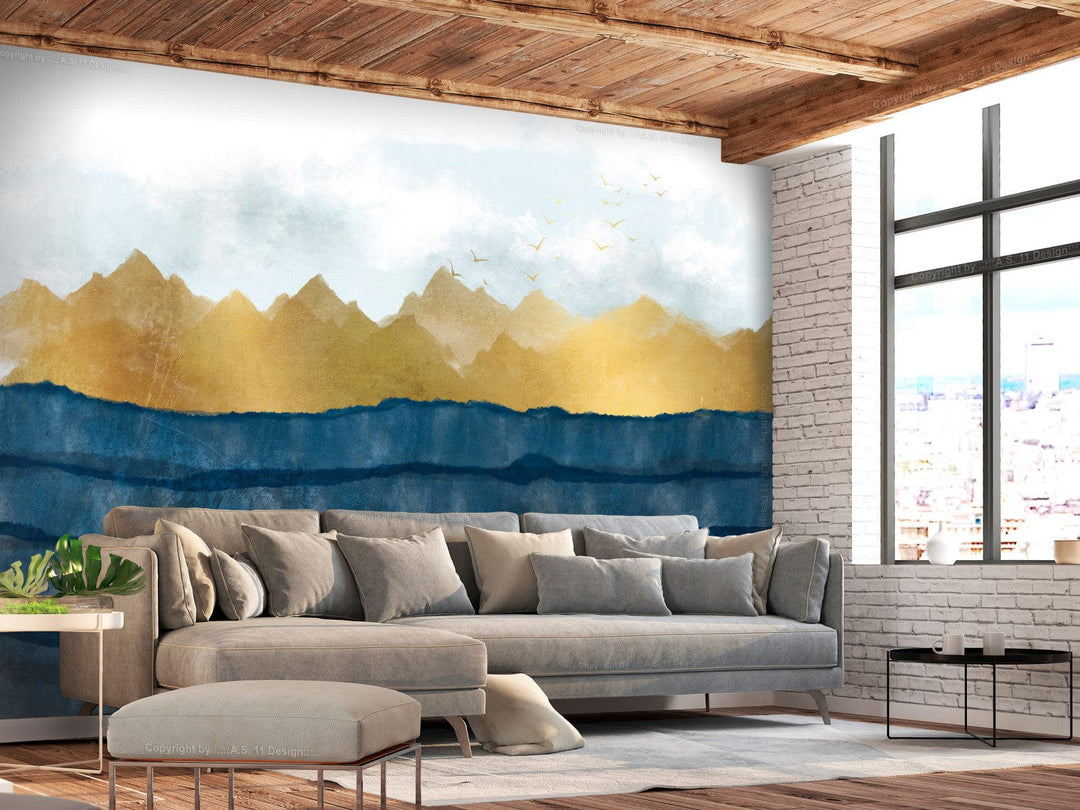 Fototapetes ar kalniem - Ainava zilos un zelta toņos - 138527 G-ART