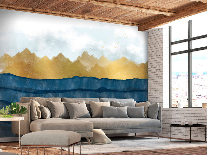 Fototapetes ar kalniem - Ainava zilos un zelta toņos - 138527 G-ART