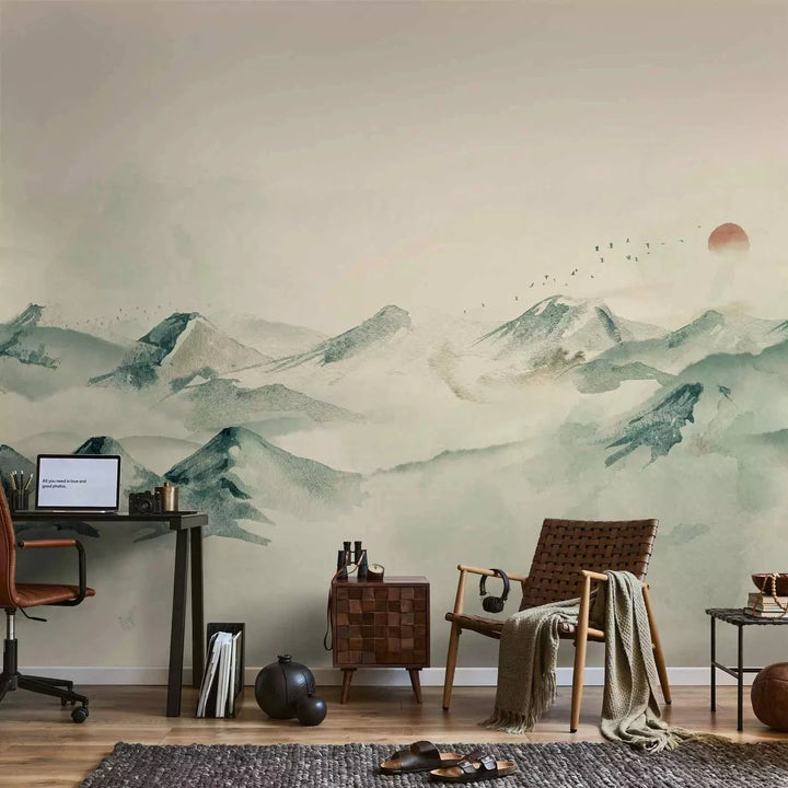 Fototapetes ar kalniem akvareļu stilā zilgani pelēkos toņos, 143515 G-ART