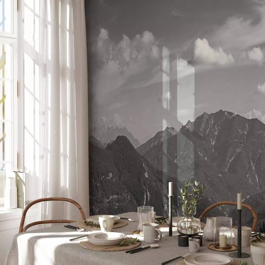 Fototapetes ar kalniem pelēkos toņos - viesistabai G-ART