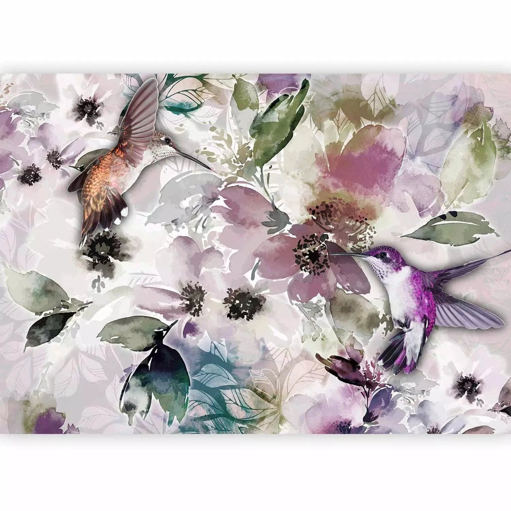 Fototapetes kolibri un stilizētiem ziediem (ūdenskrāsas) G-ART