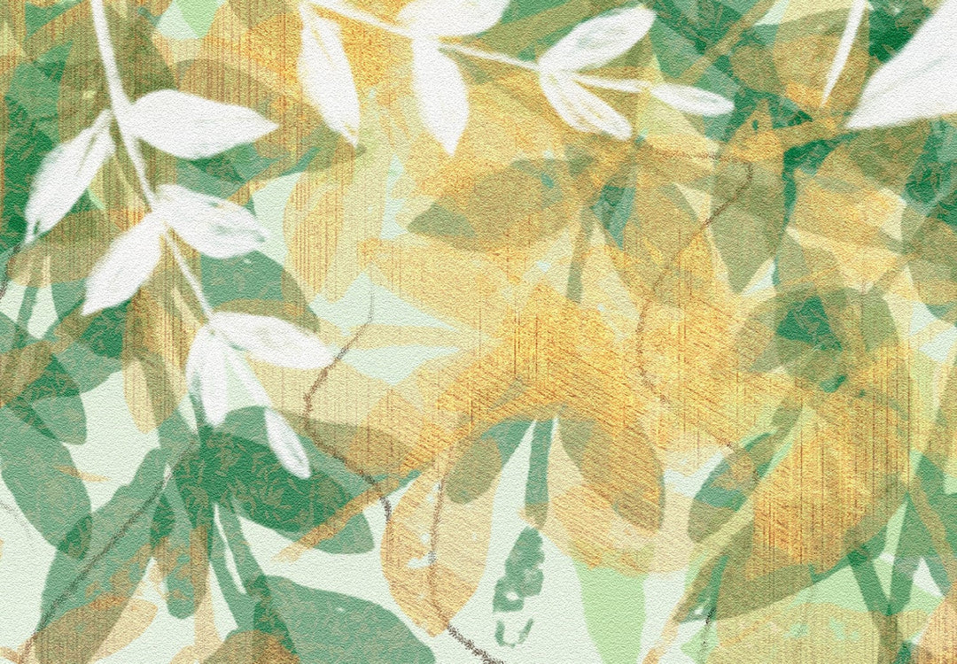 Fototapetes ar lapām uz balta fona, zaļa, balta, dzeltena, 142585 G-ART
