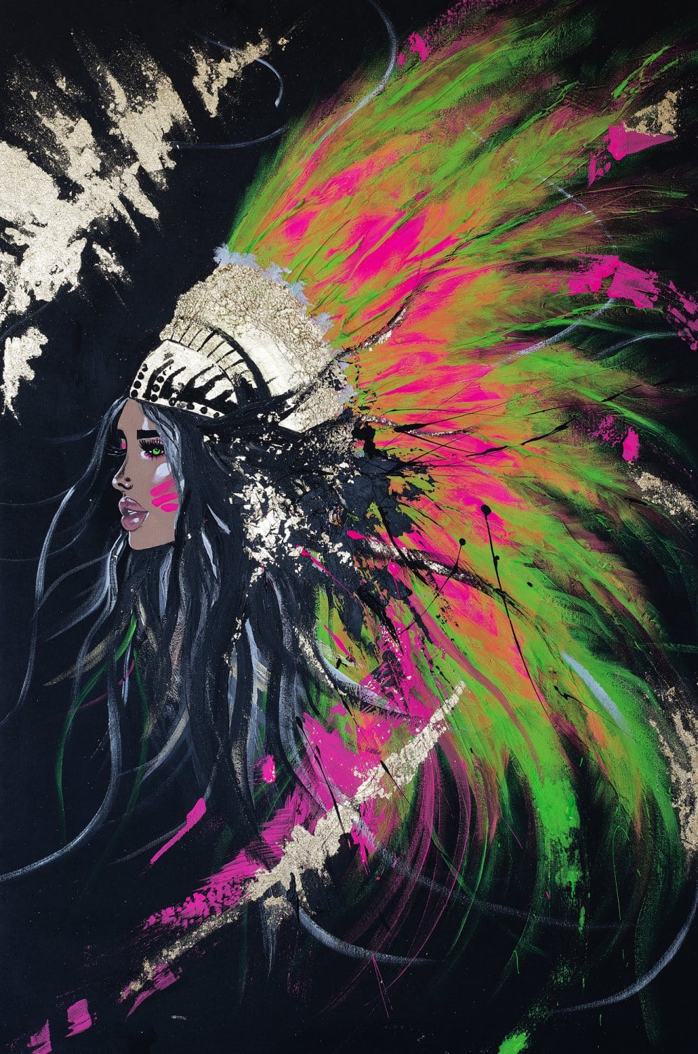 Ekskluzīvas fototapetes melnā, zaļā un rozā - Skaista sieviete D-ART