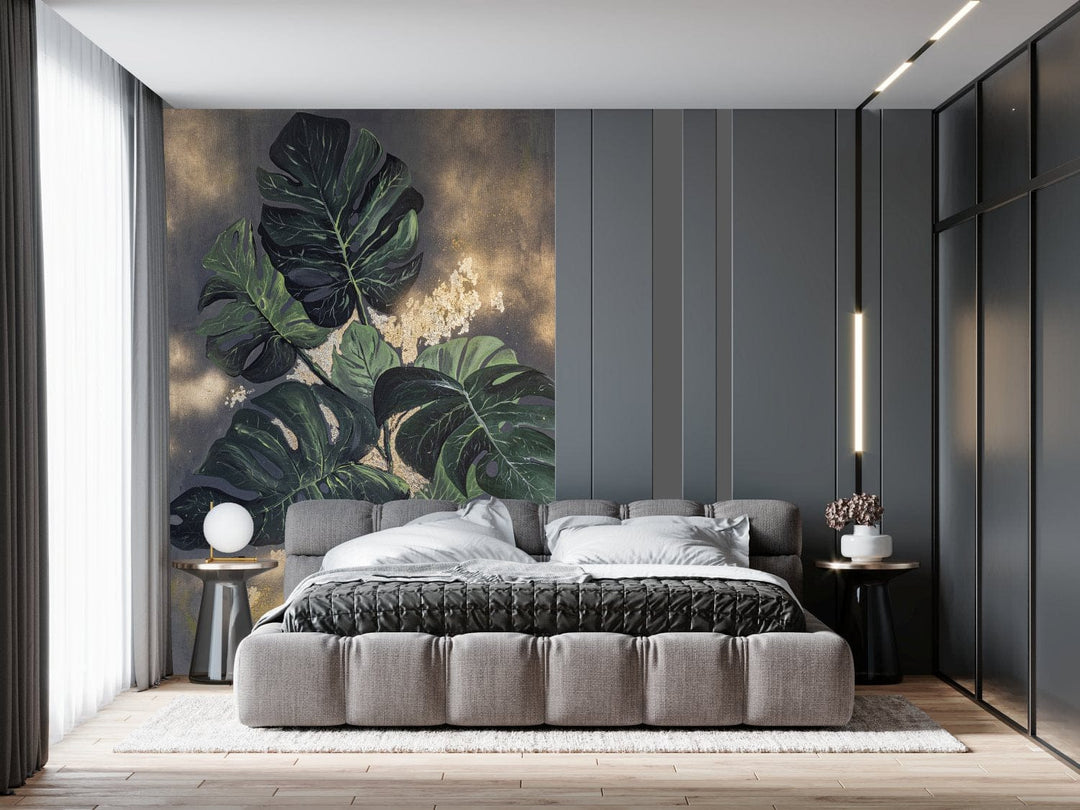 Ekskluzīvas fototapetes - Monsteras lapas uz abstrakta zelta fona D-ART