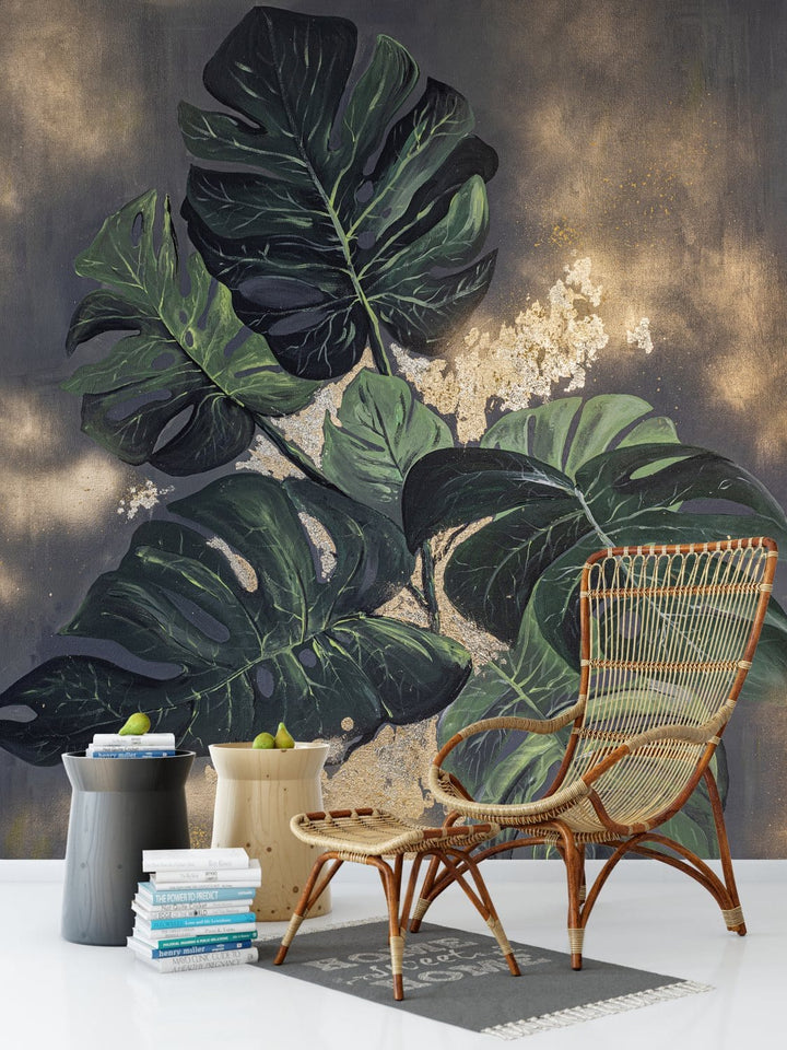 Ekskluzīvas fototapetes - Monsteras lapas uz abstrakta zelta fona D-ART