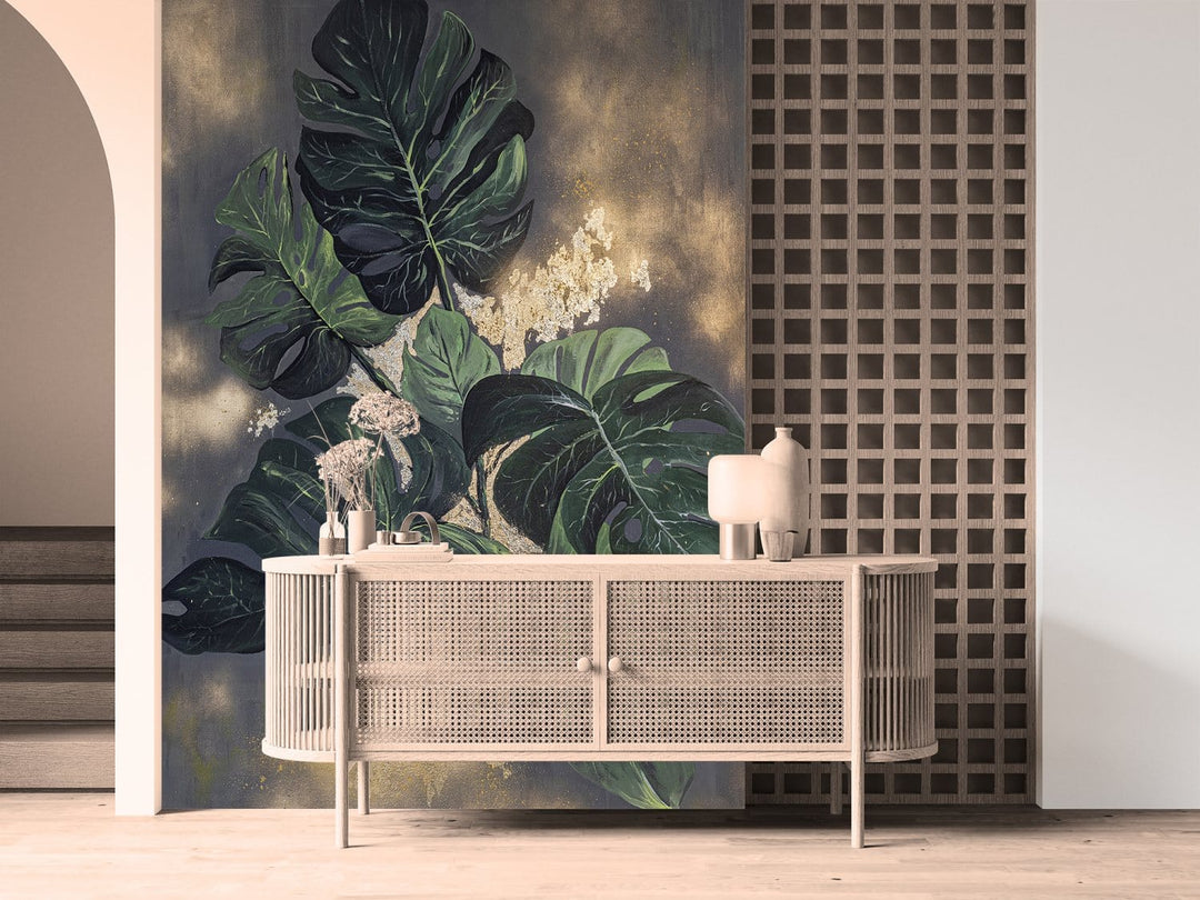 Ekskluzīvas fototapetes - Monsteras lapas uz abstrakta zelta fona D-ART