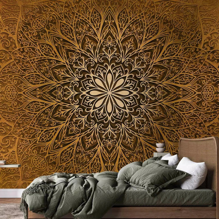Fototapetes ar mandala rakstu zeltā krāsā - austrumu stils interjerā G-ART