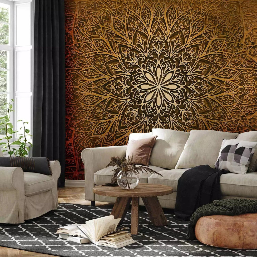 Fototapetes ar mandala rakstu zeltā krāsā - austrumu stils interjerā G-ART