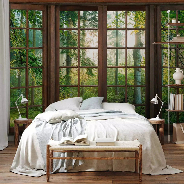 Fototapetes - Skats no loga - dabas ainava ar zaļu mežu G-ART