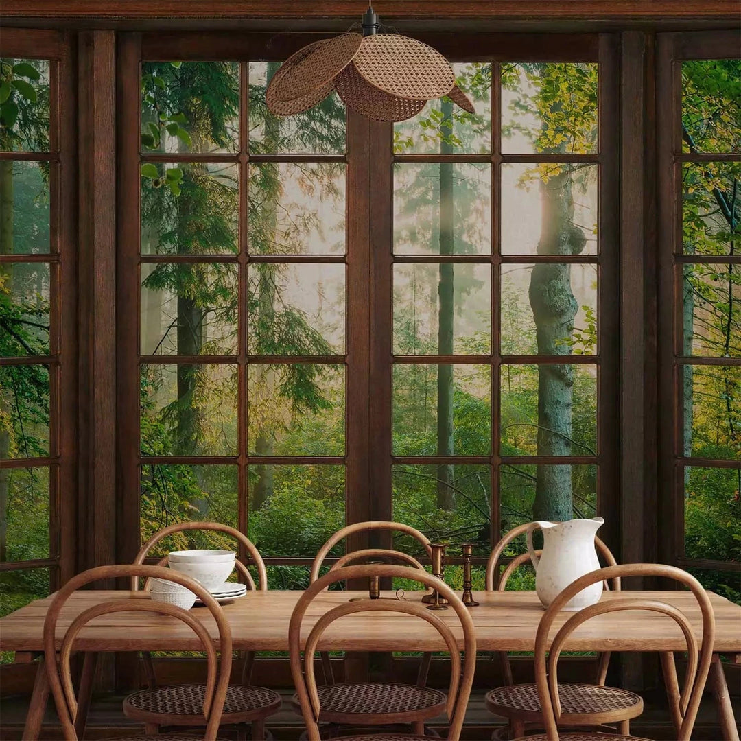 Fototapetes - Skats no loga - dabas ainava ar zaļu mežu G-ART