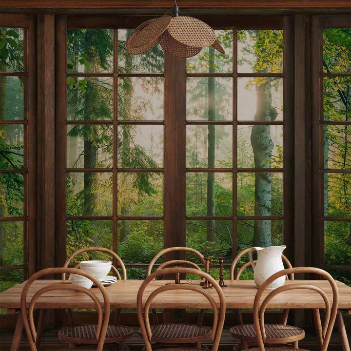 Fototapetes - Skats no loga - dabas ainava ar zaļu mežu G-ART