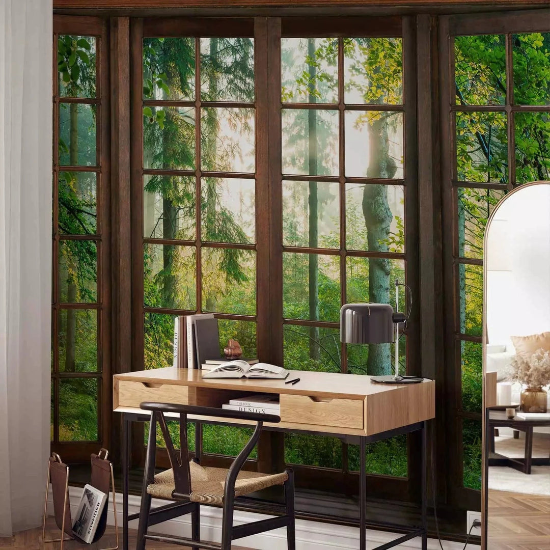 Fototapetes - Skats no loga - dabas ainava ar zaļu mežu G-ART