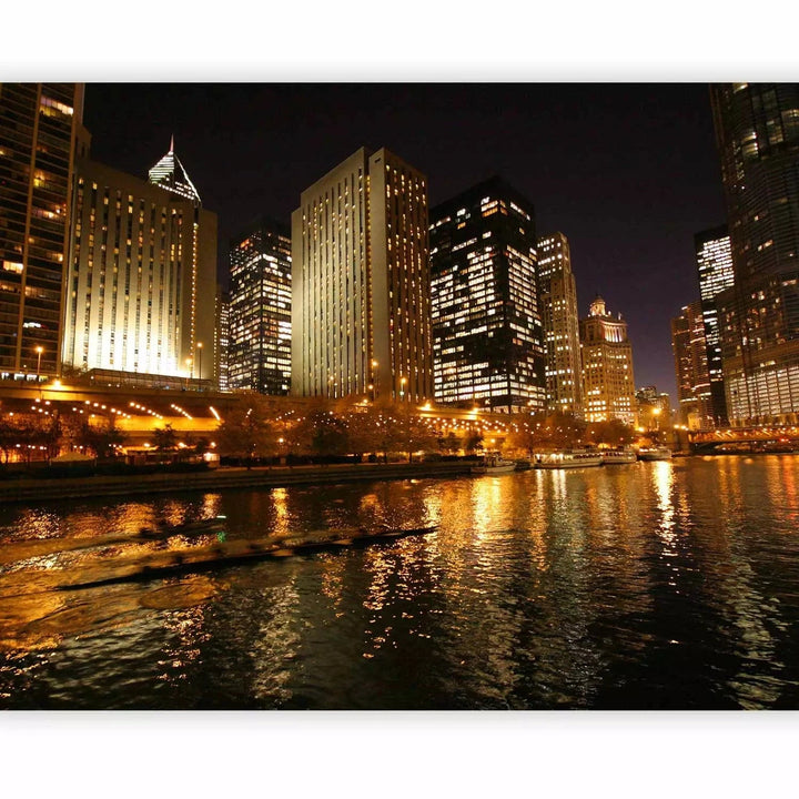Fototapetes - pilsētas augstie debesskrāpji pie upes naktī G-ART