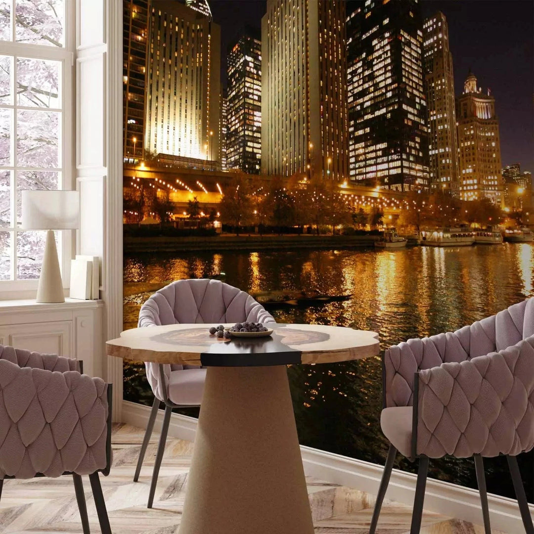 Fototapetes - pilsētas augstie debesskrāpji pie upes naktī G-ART