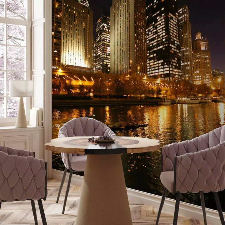 Fototapetes - pilsētas augstie debesskrāpji pie upes naktī G-ART