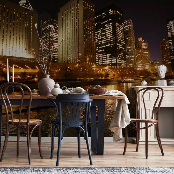 Fototapetes - pilsētas augstie debesskrāpji pie upes naktī G-ART