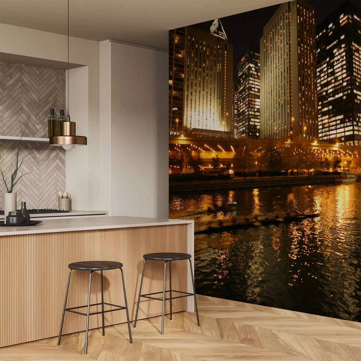 Fototapetes - pilsētas augstie debesskrāpji pie upes naktī G-ART