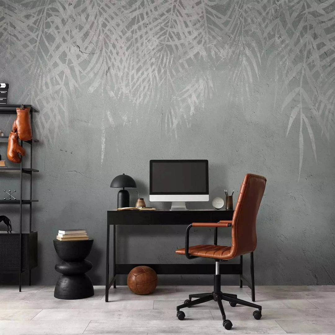 Fototapetes ar palmu lapām uz pelēka betona - mierīgai atmosferai G-ART