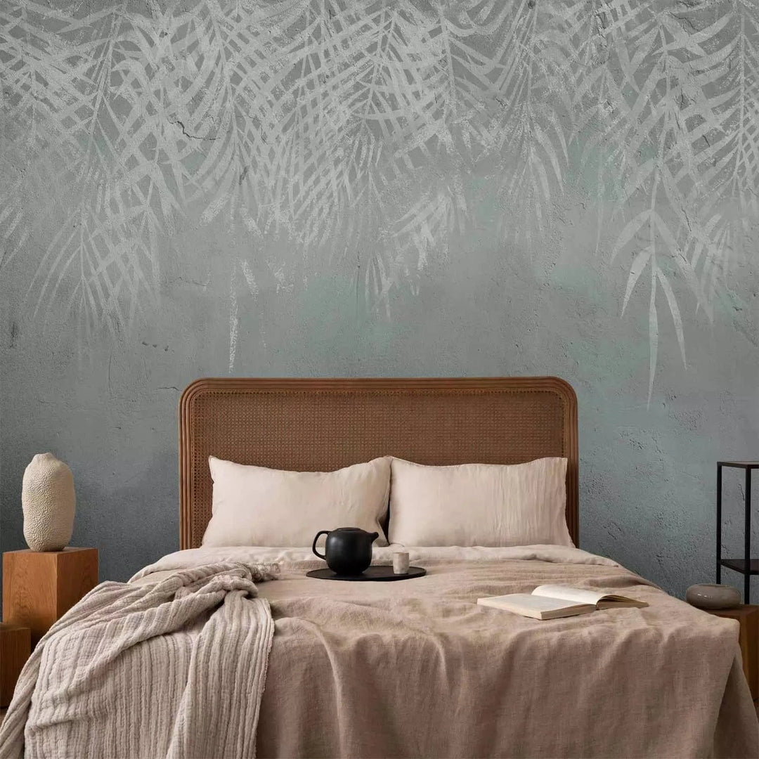 Fototapetes ar palmu lapām uz pelēka betona - mierīgai atmosferai G-ART