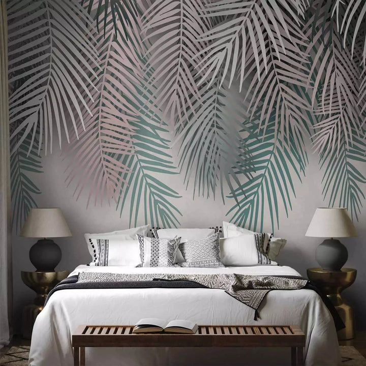 Fototapetes ar papardes lapām zaļā un silti pelēkā krāsā  G-ART