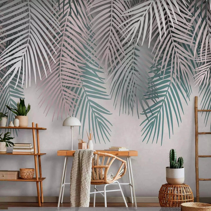 Fototapetes ar papardes lapām zaļā un silti pelēkā krāsā  G-ART