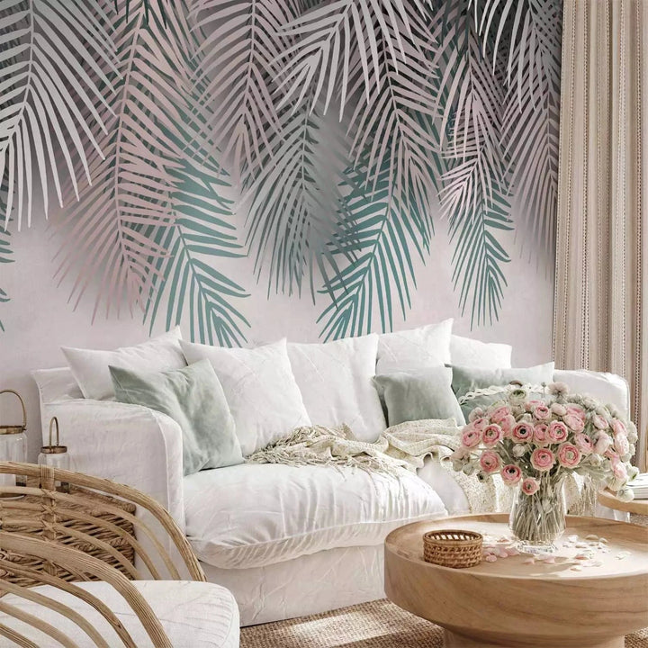 Fototapetes ar papardes lapām zaļā un silti pelēkā krāsā  G-ART