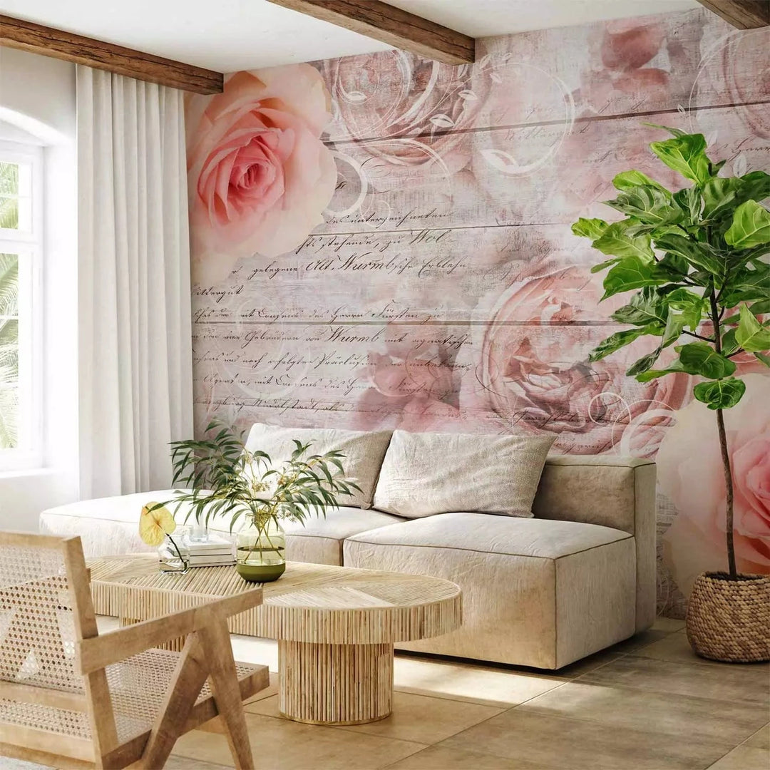 Fototapetes ar rozēm vintāžas stilā, kremkrāsa, rozā - Rozes stāsts  G-ART