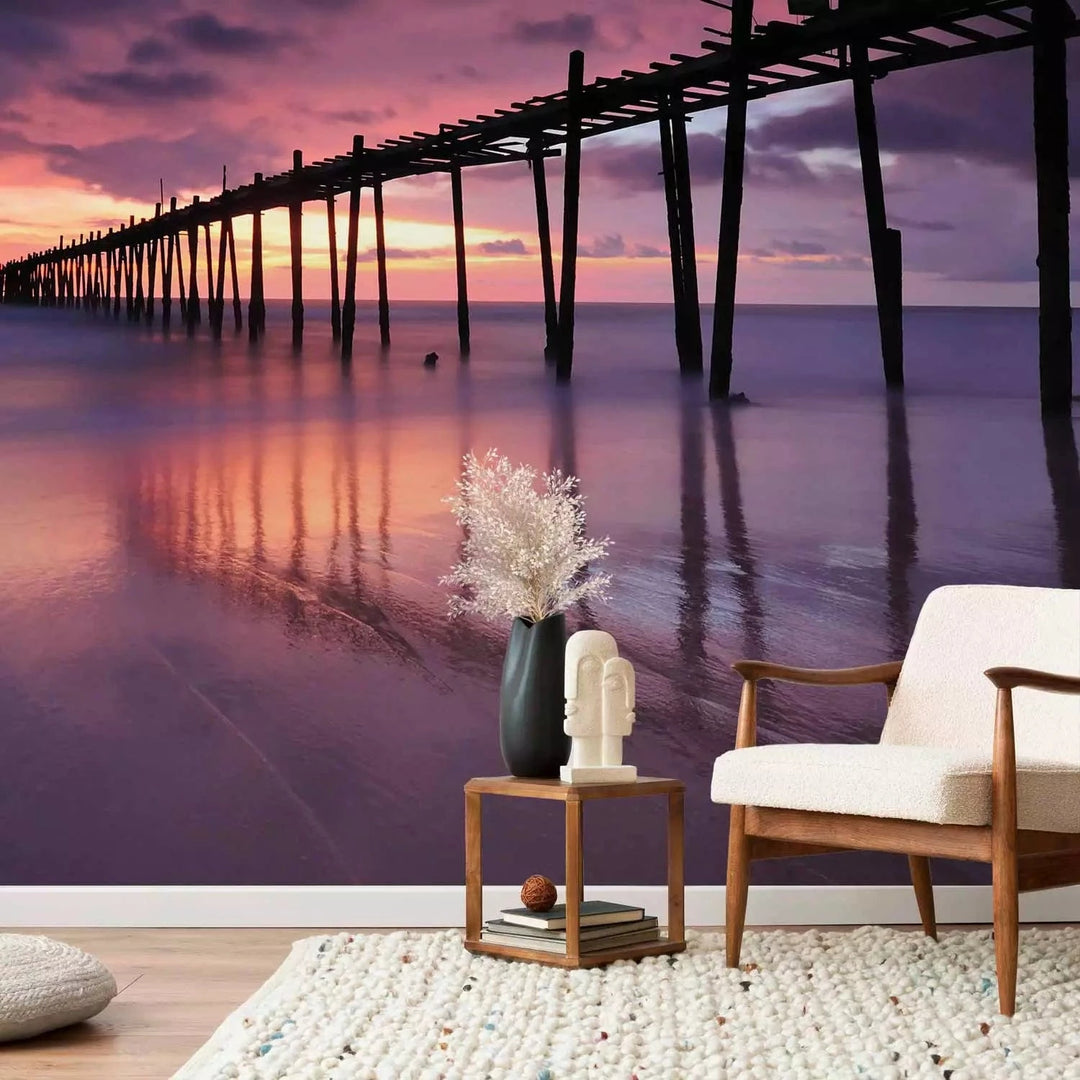 Fototapetes ar saulrietu - Piestātne un saulriets, violetos toņos G-ART