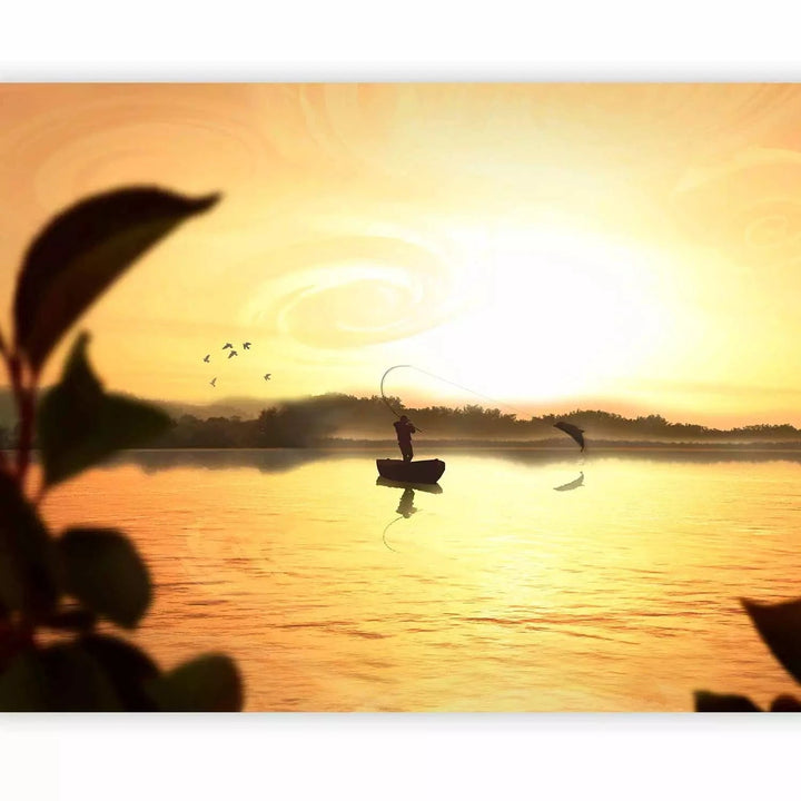 Fototapetes ar saulrietu - Saulriets un zvejnieku laiva, dzeltenā G-ART