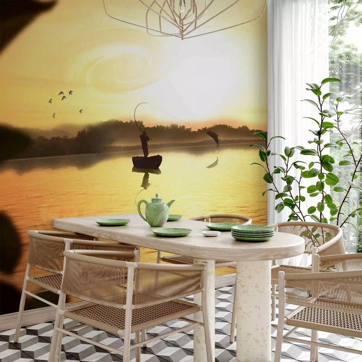 Fototapetes ar saulrietu - Saulriets un zvejnieku laiva, dzeltenā G-ART