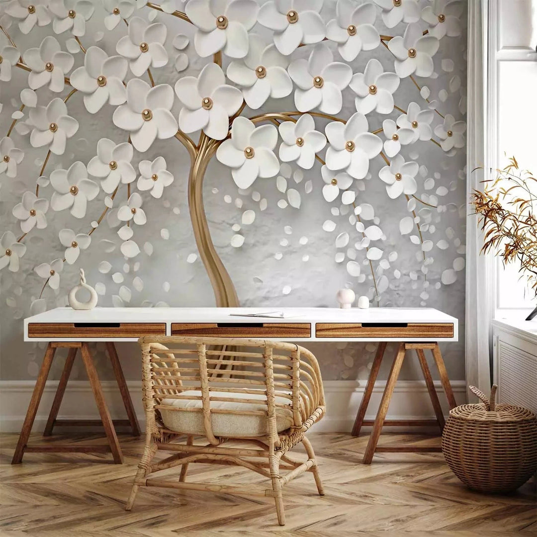 Fototapetes viesistabai - Ziedošs koks uz pelēka fona (126881) G-ART