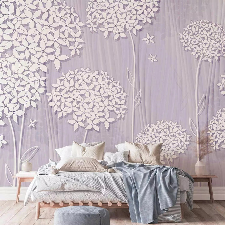 Fototapetes ar stilizētiem ziediem maigi violetā krāsā - viesistabai G-ART