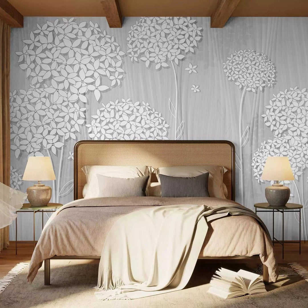 Fototapetes ar stilizētiem ziediem pelēkos toņos - viesistabai G-ART