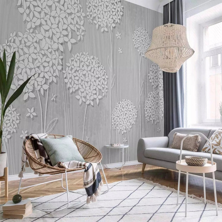 Fototapetes ar stilizētiem ziediem pelēkos toņos - viesistabai G-ART