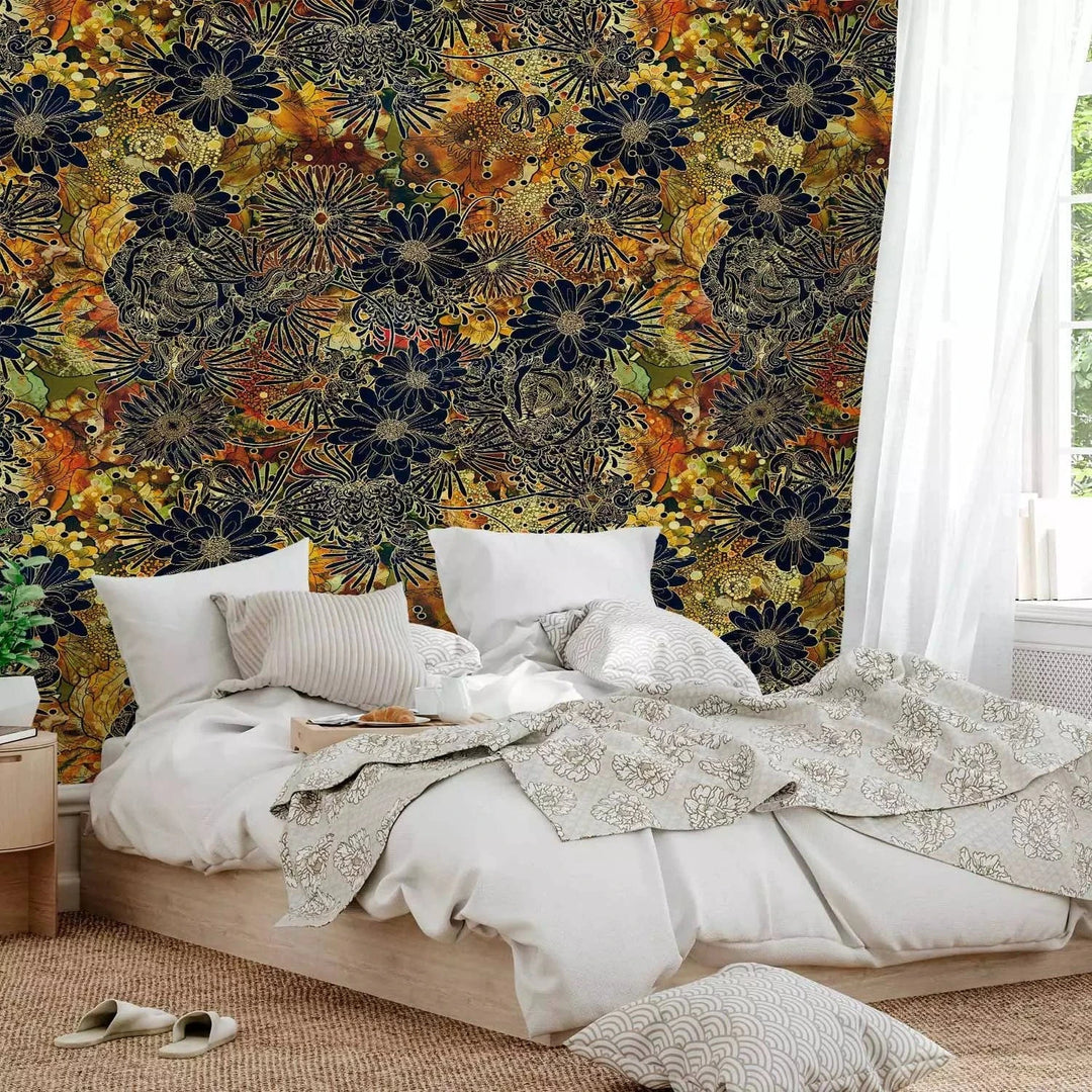 Fototapetes ar stilizētiem ziediem - Ziedu trakums, brunos toņos G-ART