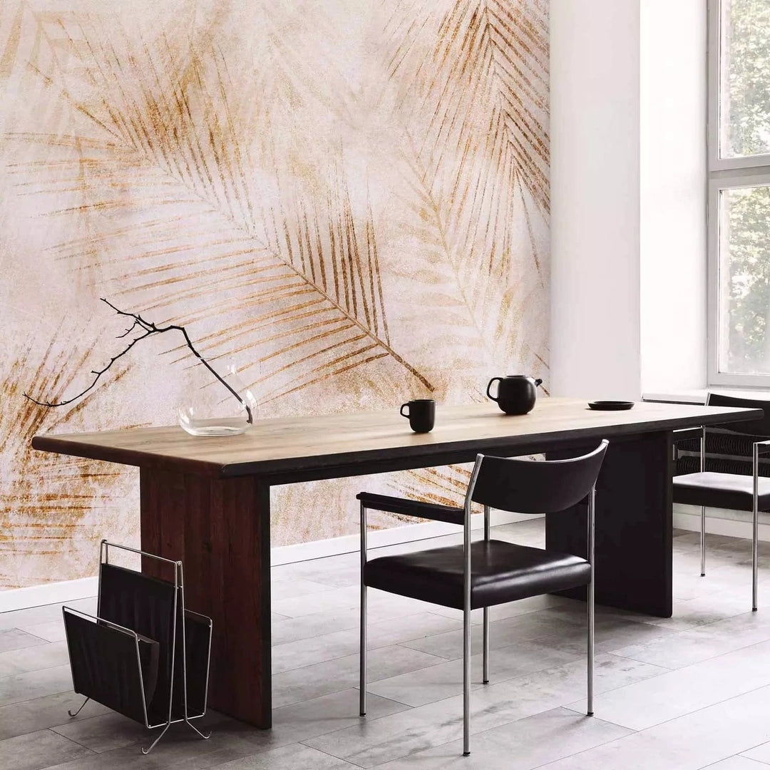 Fototapetes ar tropiskam lapām - Tuksneša elpa, bēšā, krāmkrāsā G-ART