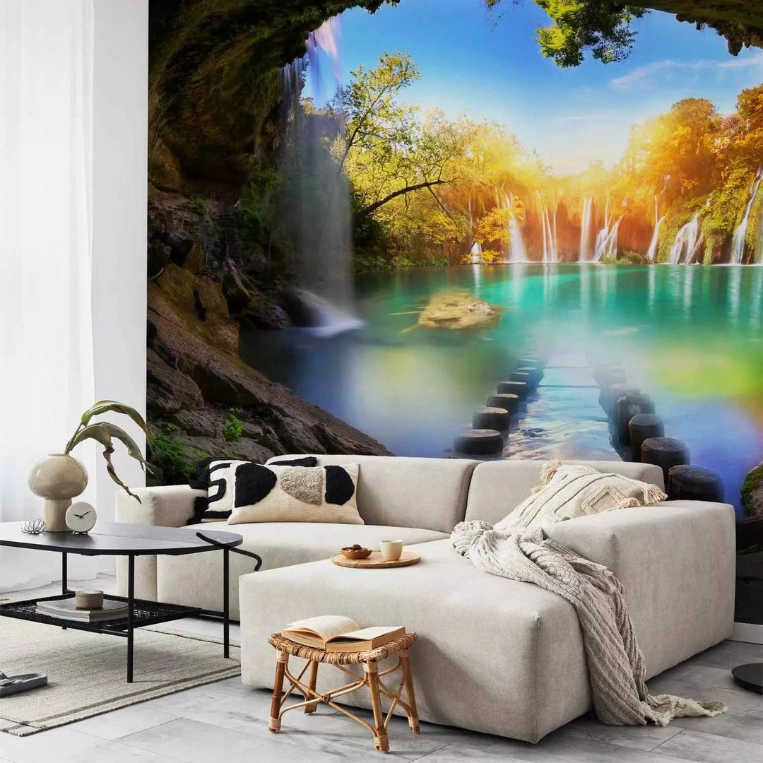 Fototapetes 3D ar ezeru un nelielu ūdenskritumu - Tirkīza ezers G-ART