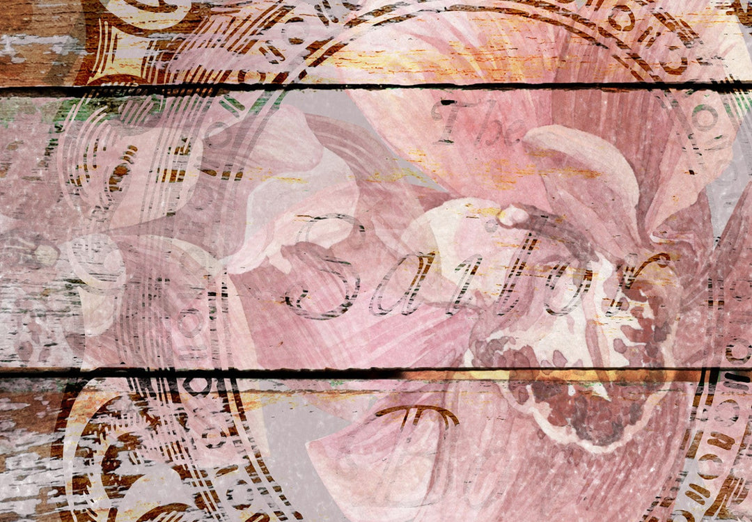 Fototapetes ar vintāžas ziediem un koka zīmējumu, brūna, roza, 142774 G-ART