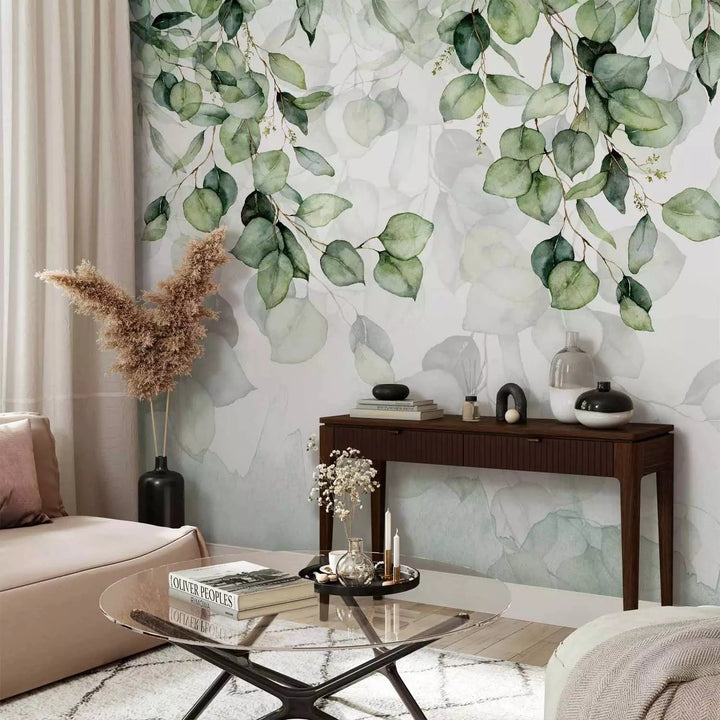 Fototapetes ar zaļam lapām uz baltā fona - Vieglums G-ART