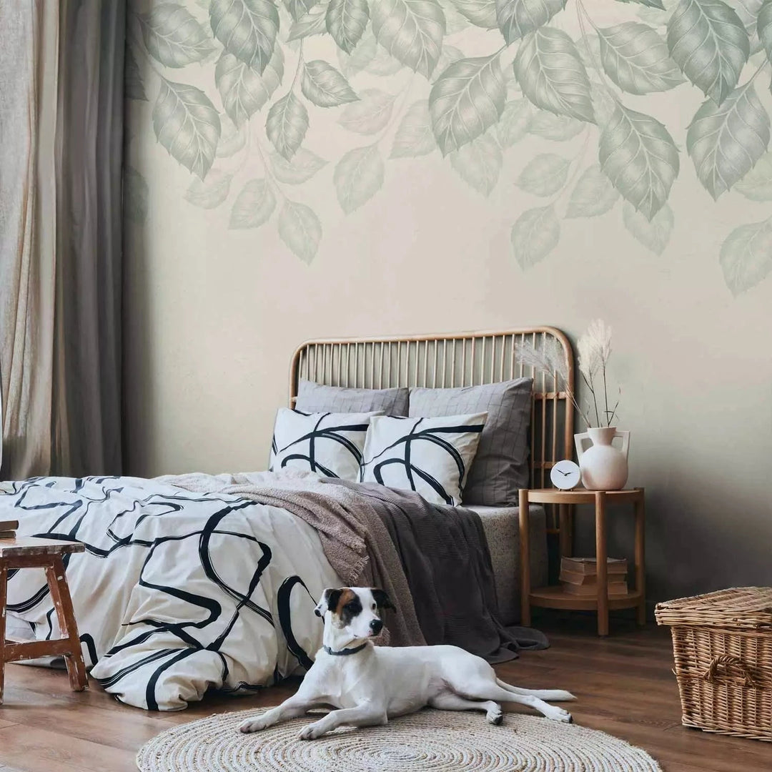 Fototapetes - minimālisma stila raksts ar lapām uz smilškrāsas fona G-ART