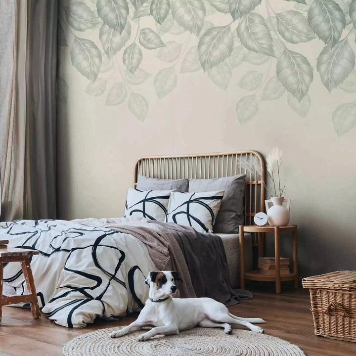 Fototapetes - minimālisma stila raksts ar lapām uz smilškrāsas fona G-ART