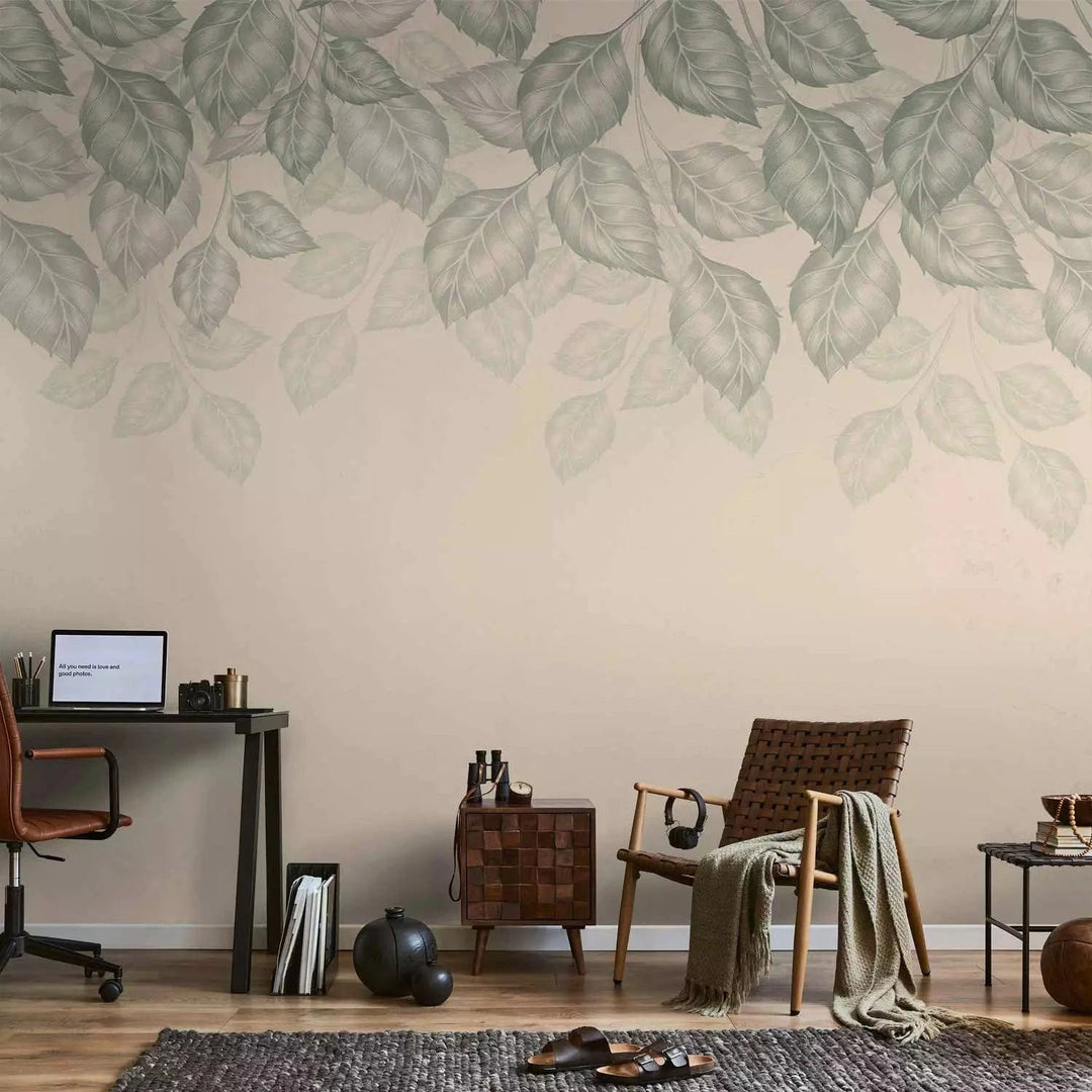 Fototapetes - minimālisma stila raksts ar lapām uz smilškrāsas fona G-ART