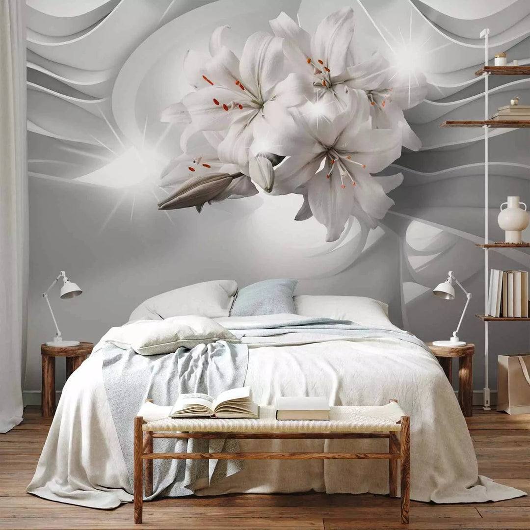 Fototapetes ar ziediem - Karaliskās lilijas uz pelēka fona - guļamistabai G-ART