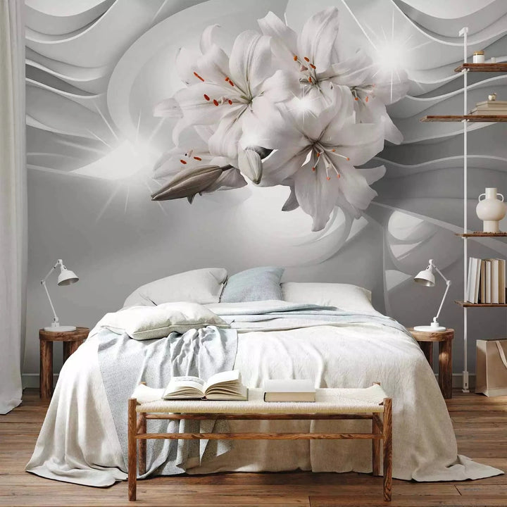 Fototapetes ar ziediem - Karaliskās lilijas uz pelēka fona - guļamistabai G-ART