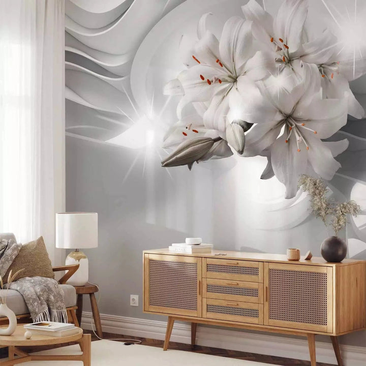 Fototapetes ar ziediem - Karaliskās lilijas uz pelēka fona - guļamistabai G-ART