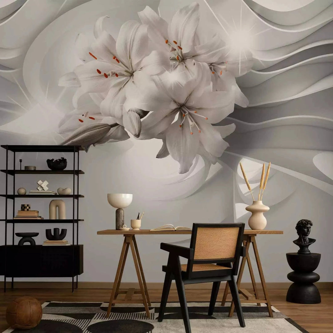 Fototapetes ar ziediem - Karaliskās lilijas uz pelēka fona - guļamistabai G-ART