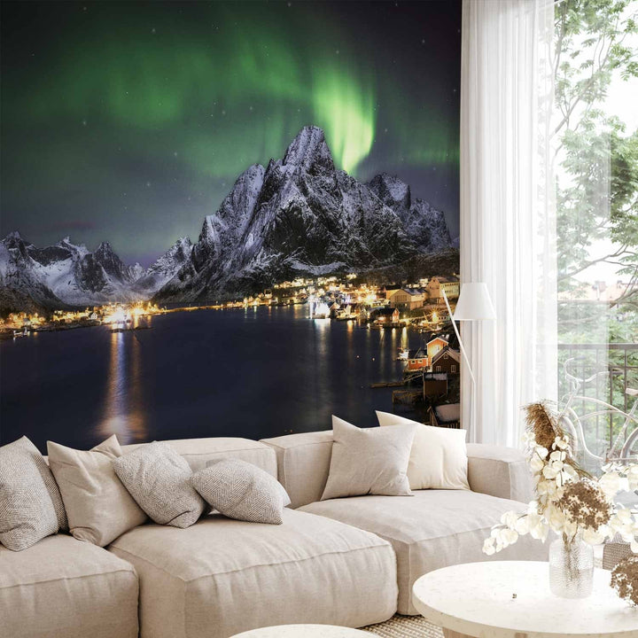 Fototapetes ar ziemeļblāzmu virs kalniem - Ziemeļblāzma - 62454  G-ART