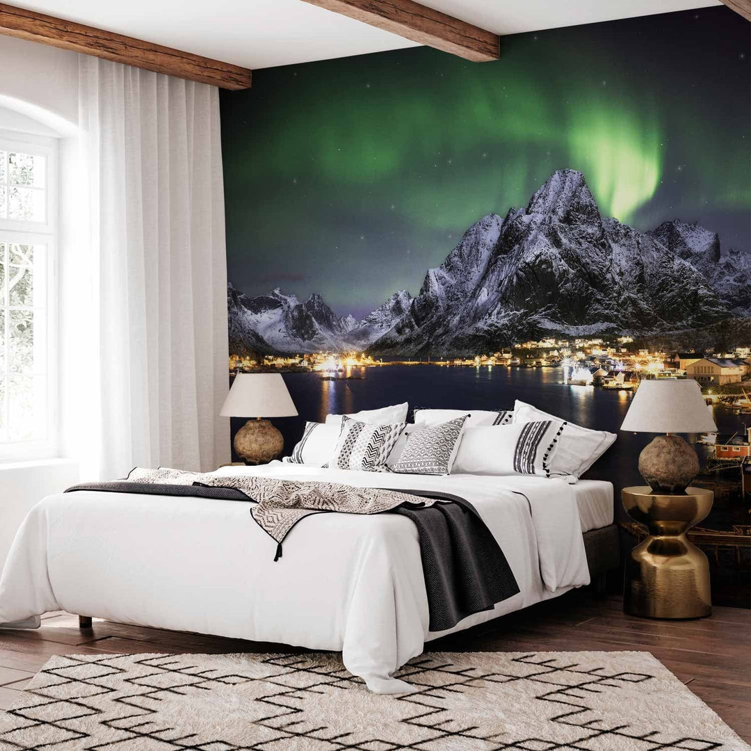 Fototapetes ar ziemeļblāzmu virs kalniem - Ziemeļblāzma - 62454  G-ART