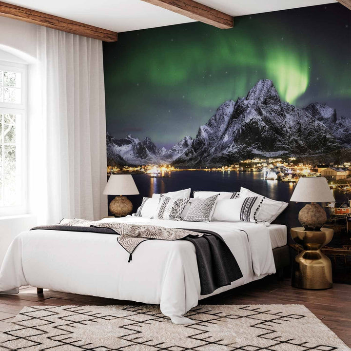 Fototapetes ar ziemeļblāzmu virs kalniem - Ziemeļblāzma - 62454  G-ART